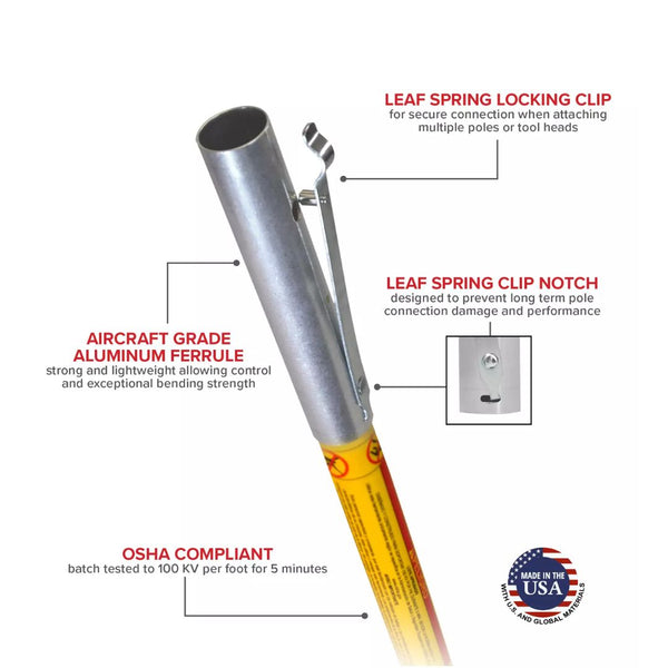 Jameson FG-Series Base Poles: Leaf spring locking clip, leaf spring clip notch, aircraft grade aluminum ferrule, osha compliant.