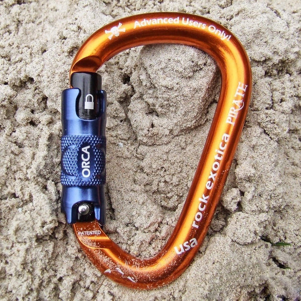 An Orange Carabiner With Blue Gate 