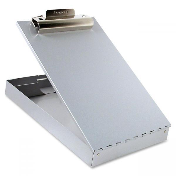 Aluminum clipboard, opened to reveal inner storage compartment.